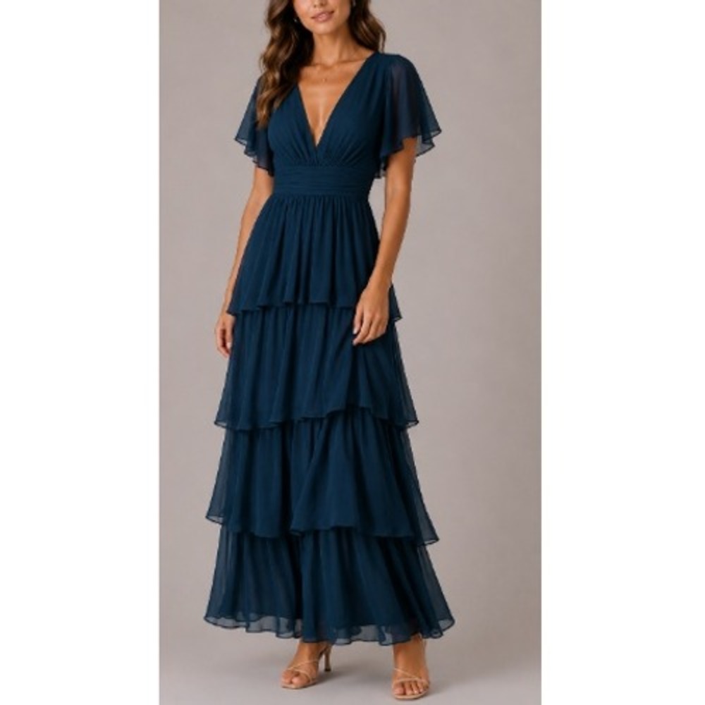 Make You Pretty More Women's Teal Blue V Neck Flutter Sleeves Maxi Dress Size 6‎